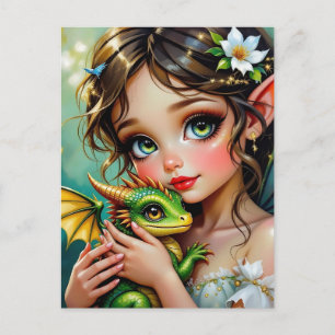 Hübsches Mädchen mit Feen- und Drachen-Motiv Postkarte