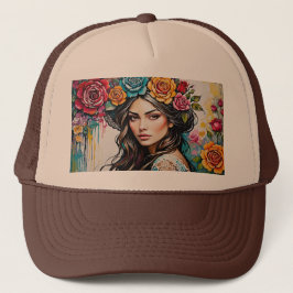 Hübsches Mädchen mit Rose und Paint Tropfens Blume Truckerkappe
