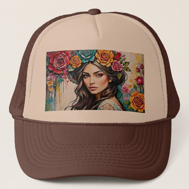 Hübsches Mädchen mit Rose und Paint Tropfens Blume Truckerkappe (Vorderseite)