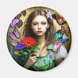 Hübsches Mädchen mit roten Blume und Schmetterling Magnet