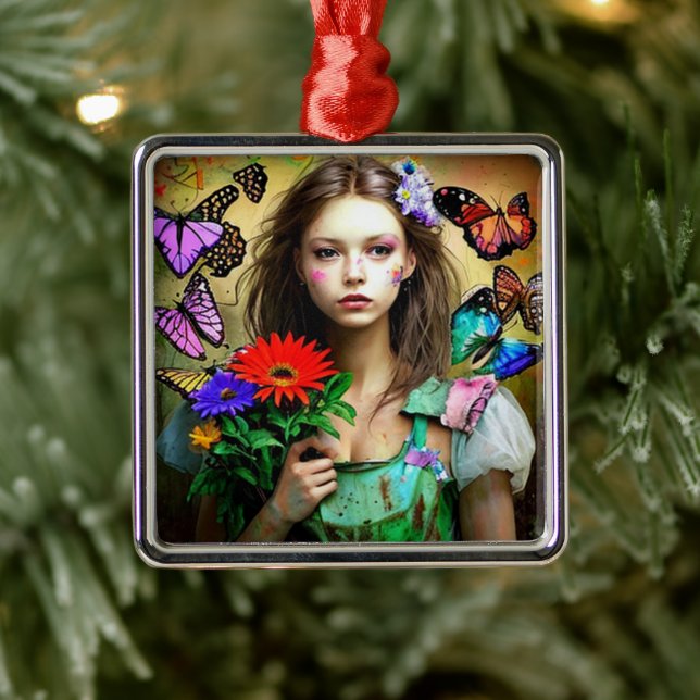 Hübsches Mädchen mit roten Blume und Schmetterling Ornament Aus Metall (Baum)