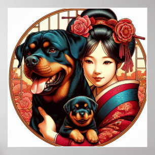 Hübsches Mädchen mit Rottweiler Mama & Pup Poster