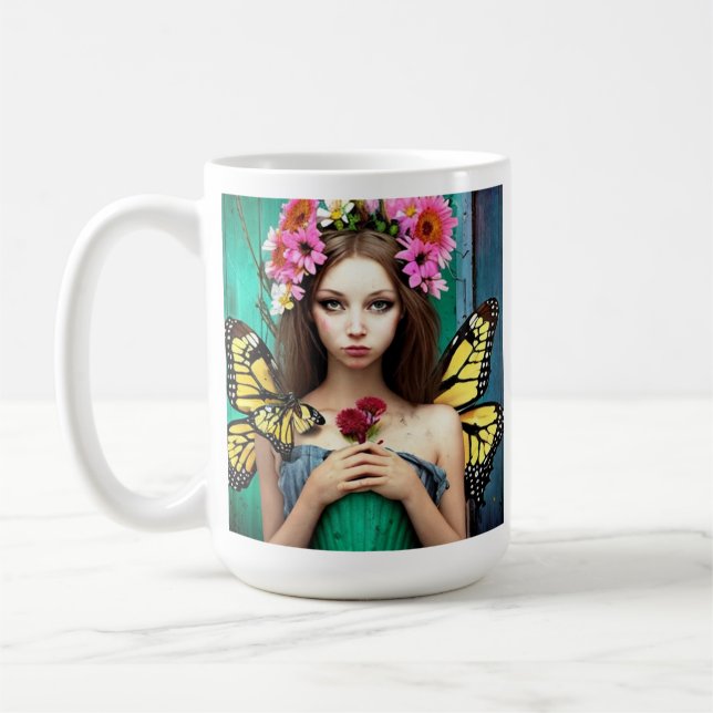 Hübsches Mädchen mit Schmetterlingen und Blume Kaffeetasse (Links)