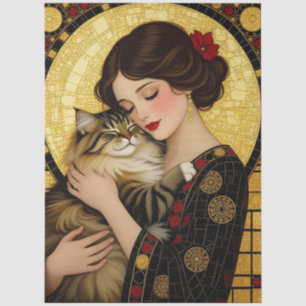 Hübsches Mädchen umarmt Katze Art Nouveau Decoupag Seidenpapier