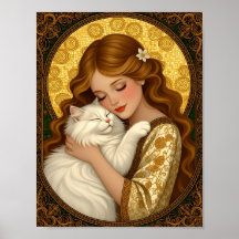 Hübsches Mädchen umarmt weiße flauschige Katze Art