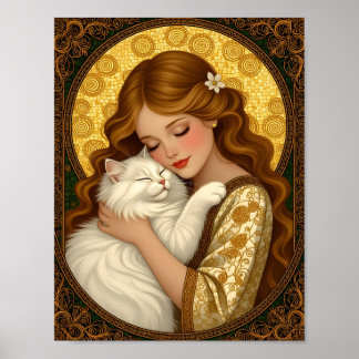 Hübsches Mädchen umarmt weiße flauschige Katze Art Poster