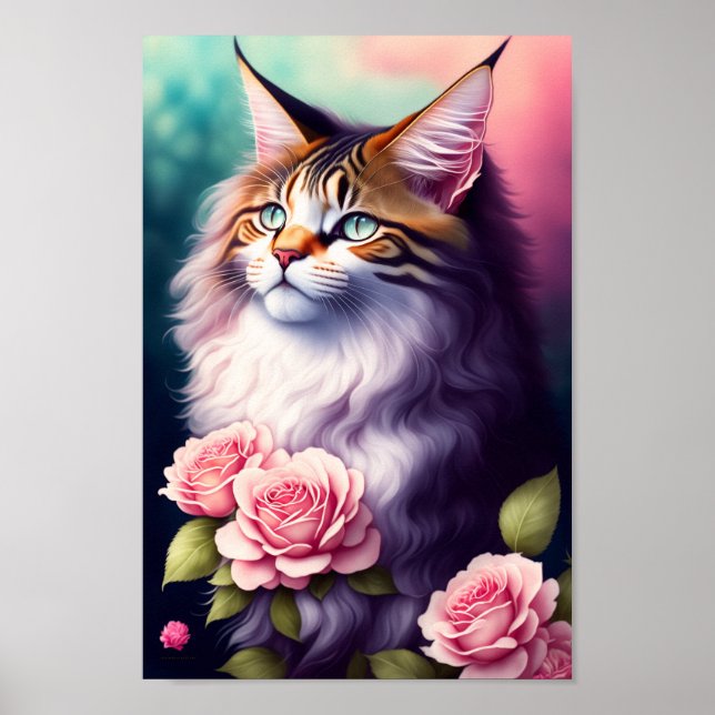 Hübsches Maine Coon & Blume Portrait Poster (Vorne)
