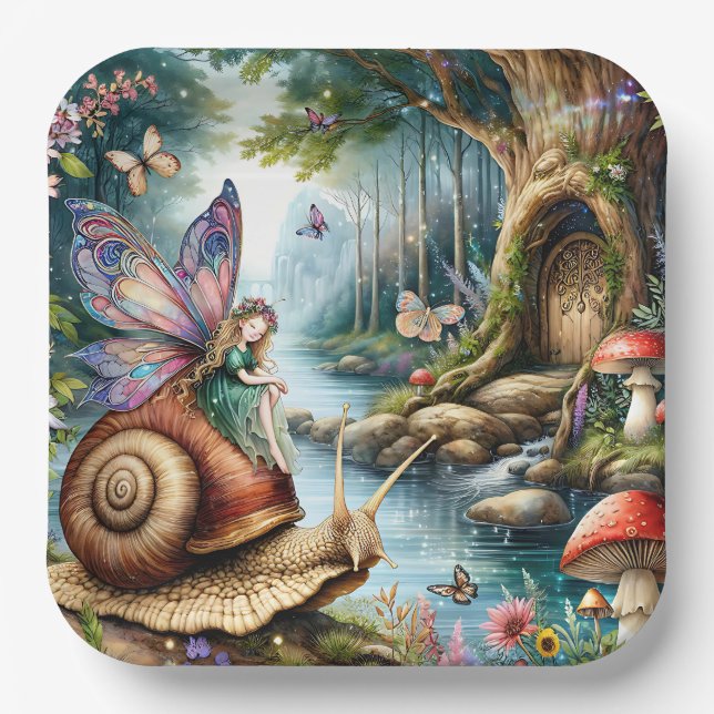 Hübsches Märchenland mit niedlicher Schnecke und S Pappteller (Vorderseite)
