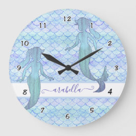 Hübsches Mermaid Little Girl Name Wasserfarbmuster Große Wanduhr