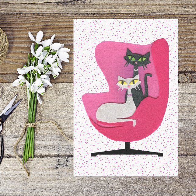 Hübsches Mittelalter Katzen Rosa Stuhl Polka Dosen Seidenpapier (Mid century style cats in pink chair with pink polka dots on white tissue paper.)