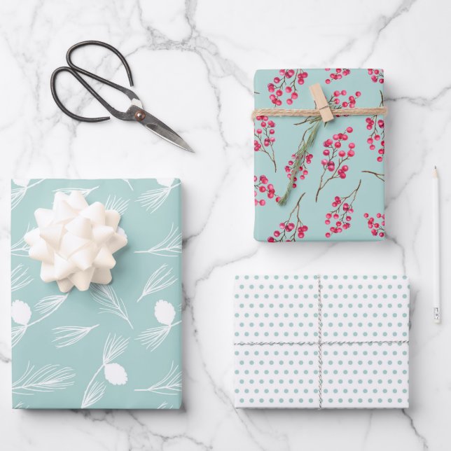 Hübsches modernes Blue Winter Trio Geschenkpapier Set (Vorderseite)