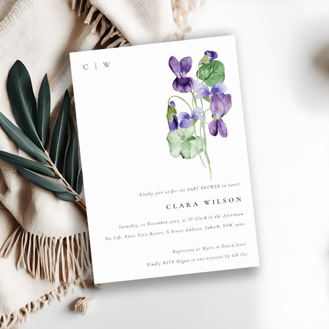 Hübsches Monogram Violet Floral Bunch Babydusche Einladung (Von Creator hochgeladen)