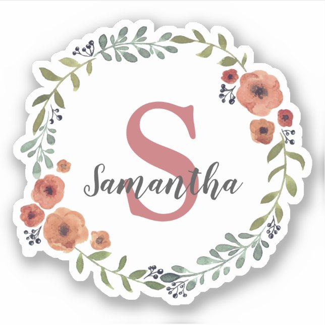 Hübsches Monogramm Floral personalisiert Aufkleber (Vorderseite)
