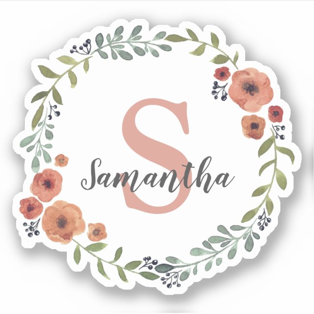 Hübsches Monogramm Floral personalisiert Aufkleber (Vorderseite)