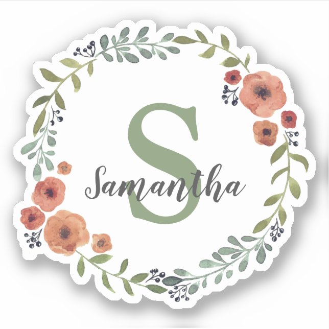 Hübsches Monogramm Floral personalisiert Aufkleber (Vorderseite)