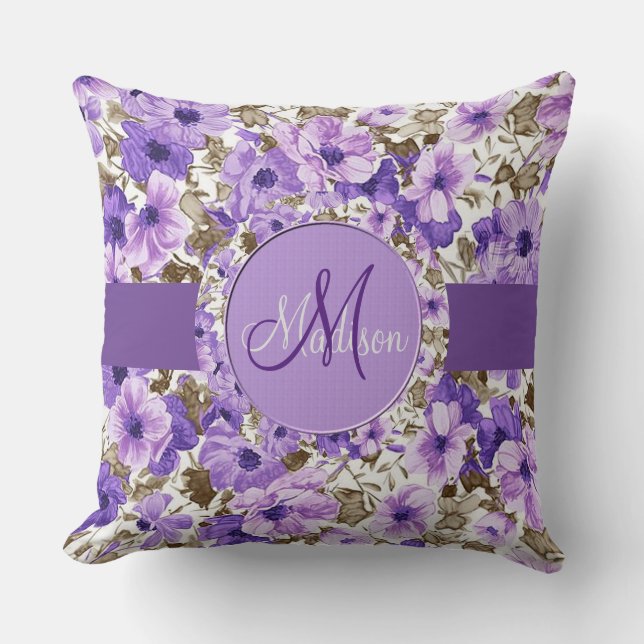 Hübsches Monogramm Lila und weißes Pilz der Blume  Kissen (Vorderseite)