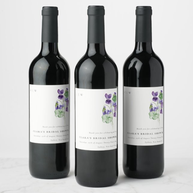 Hübsches Monogramm Violett Blumenkohl-Brautparty Weinetikett (Flaschen)