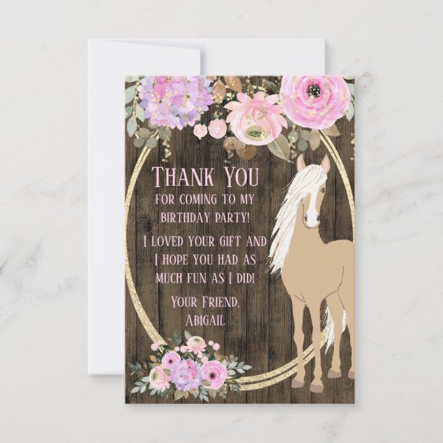 Hübsches Palomino Pferd und Blume auf Barnwood Dankeskarte (Vorderseite)