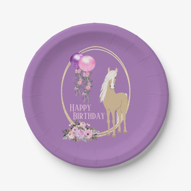 Hübsches Palomino Rosa Lila Blumen Pferd Geburtsta Pappteller (Vorderseite)