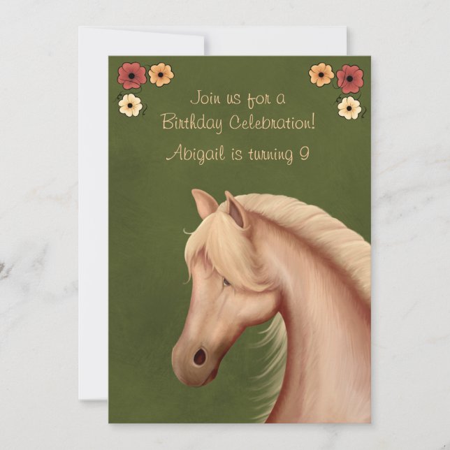 Hübsches Palomino und Blume Einladung zum Geburtst (Vorderseite)