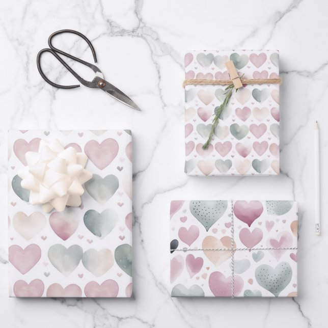 Hübsches Pastel Watercolor Herzmuster Geschenkpapier Set (Vorderseite)