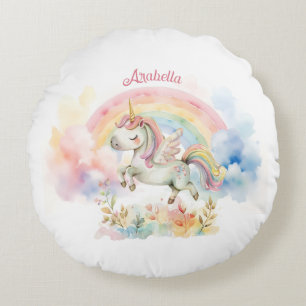 Hübsches Pastell-Einhorn und Regenbogen Rundes Kissen