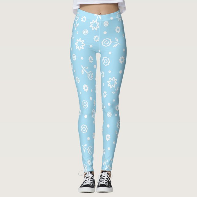 Hübsches pastellblaues Blumenmuster Leggings (Vorderseite)