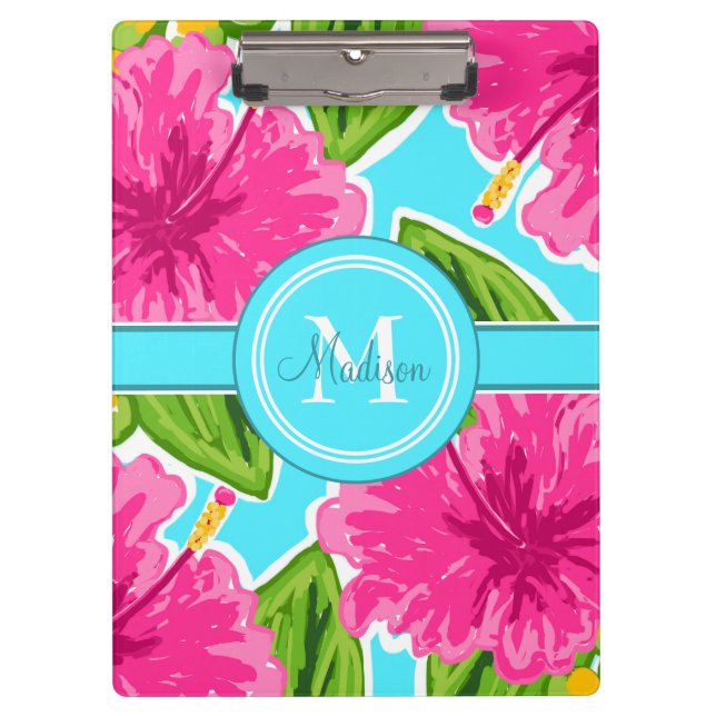 Hübsches PastellHibiskus-Motiv-Namen-Monogramm Klemmbrett (Vorderseite)