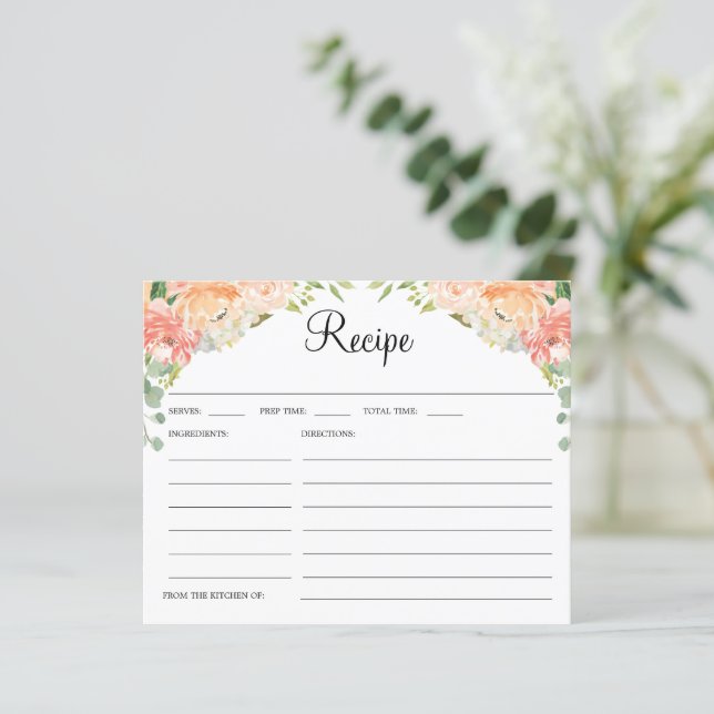 Hübsches Peach Floral Brautparty Rezept Karte (Stehend Vorderseite)