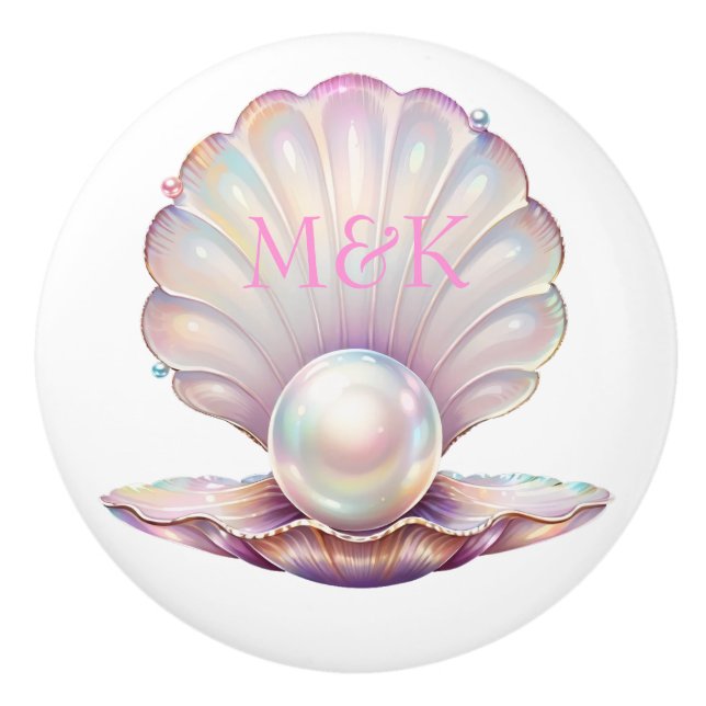 Hübsches Perlmuttpearl Clamshell Pink Monogramm Keramikknauf (Vorderseite)