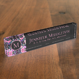 Hübsches Personalisiert rosa Schwarzes Floral Mon Namensplakette