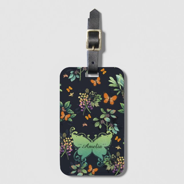 Hübsches Personalisiertes dunkles Floral Butterfly Gepäckanhänger (Vorderseite Vertikal)