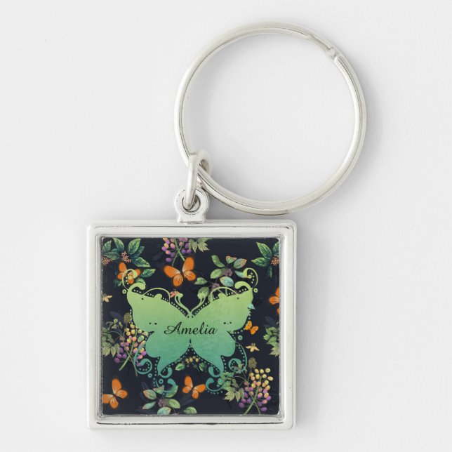 Hübsches Personalisiertes dunkles Floral Butterfly Schlüsselanhänger (Vorne)