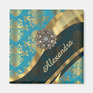 Hübsches personalisiertes Gänseaqua-Damastmuster Magnet