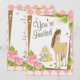 Hübsches Pferd, rosa Blume und Cupcakes zum Geburt Einladung