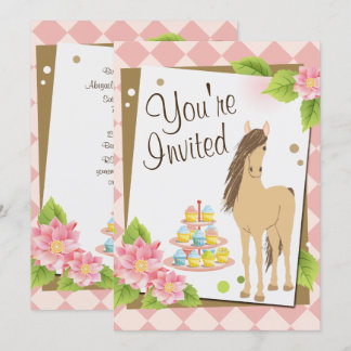 Hübsches Pferd, rosa Blume und Cupcakes zum Geburt Einladung