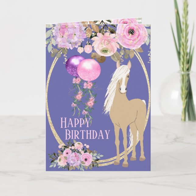 Hübsches Pferd und Blume Pink Periwinkle Geburtsta Karte (Vorderseite)
