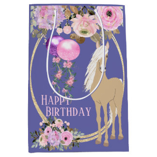 Hübsches Pferd und Blume Pink Periwinkle Geburtsta Mittlere Geschenktüte