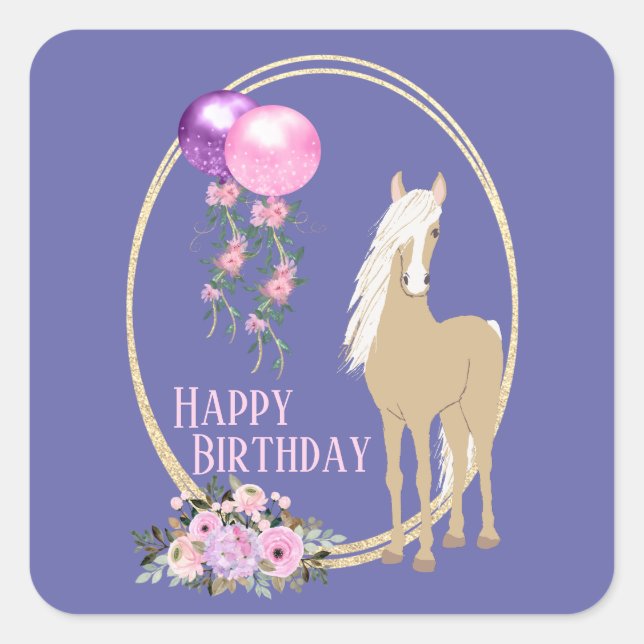 Hübsches Pferd und Blume Pink Periwinkle Geburtsta Quadratischer Aufkleber (Vorderseite)