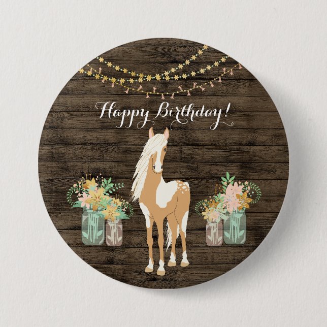 Hübsches Pferd und Blume Rustikales Holz Geburtsta Button (Vorderseite)