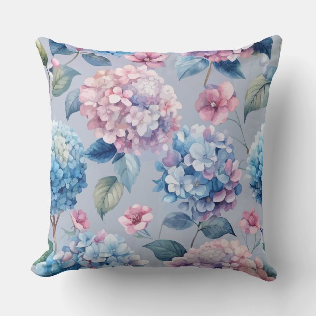 HÜBSCHES PINK & BLUE HYDRANGEA BLUMENBLUMEN KISSEN (Vorderseite)