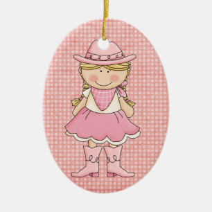 Hübsches Pink Cowgirl (blonde) & Sheriffs Abzeiche Keramik Ornament