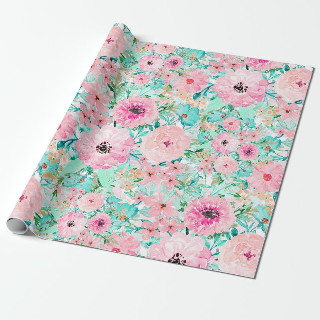 Hübsches Pink & Minze Aquarell Handfarbe Geschenkpapier (Ungerollt)