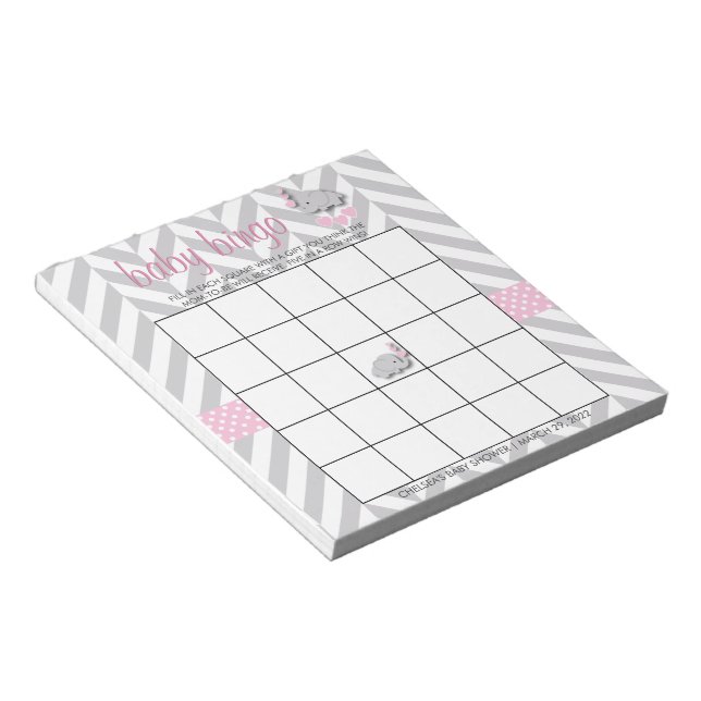 Hübsches Pink und Grau Elephant Baby Shower Bingo Notizblock (angewinkelt)