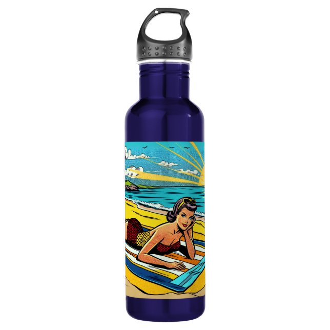 Hübsches Pinup Girl am Strand Edelstahlflasche (Vorderseite)