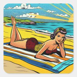 Hübsches Pinup Girl am Strand Quadratischer Aufkleber