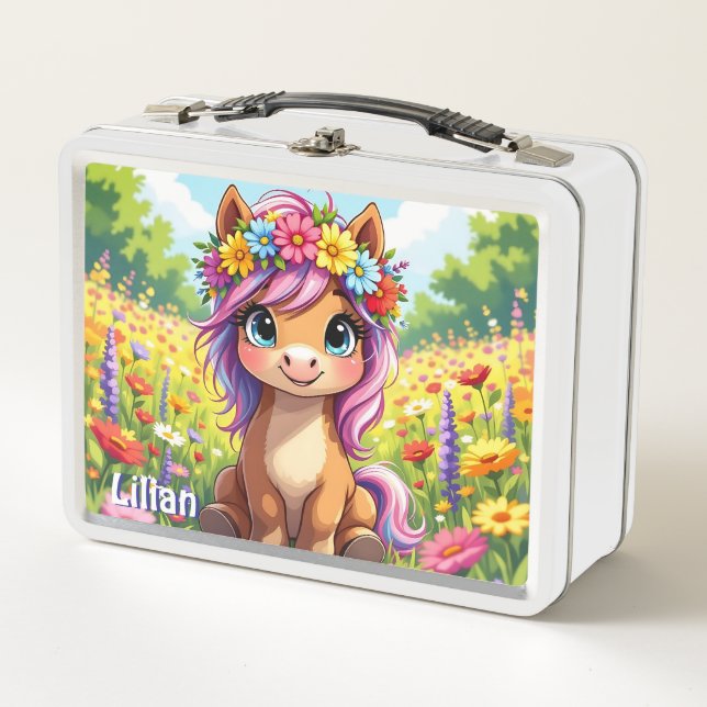 Hübsches Pony mit Personalisierten Blume Metall Brotdose (Vorderseite)
