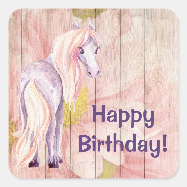 Hübsches Pony und Daisies Barn Wood Pferd Geburtst Quadratischer Aufkleber (Vorderseite)