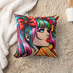 Hübsches Pop-Art-Comic-Mädchen mit Schleifen Kissen