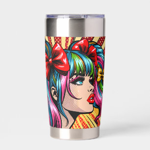 Hübsches Pop-Art-Comic-Mädchen mit Schleifen Thermobecher